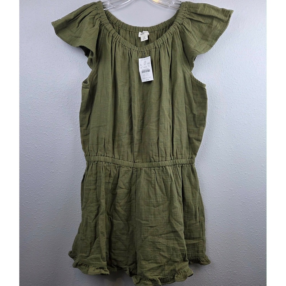 Crewcuts by J.Crew Girls Olive Green Cotton Gauze Ruffle Romper Size 16 NWT